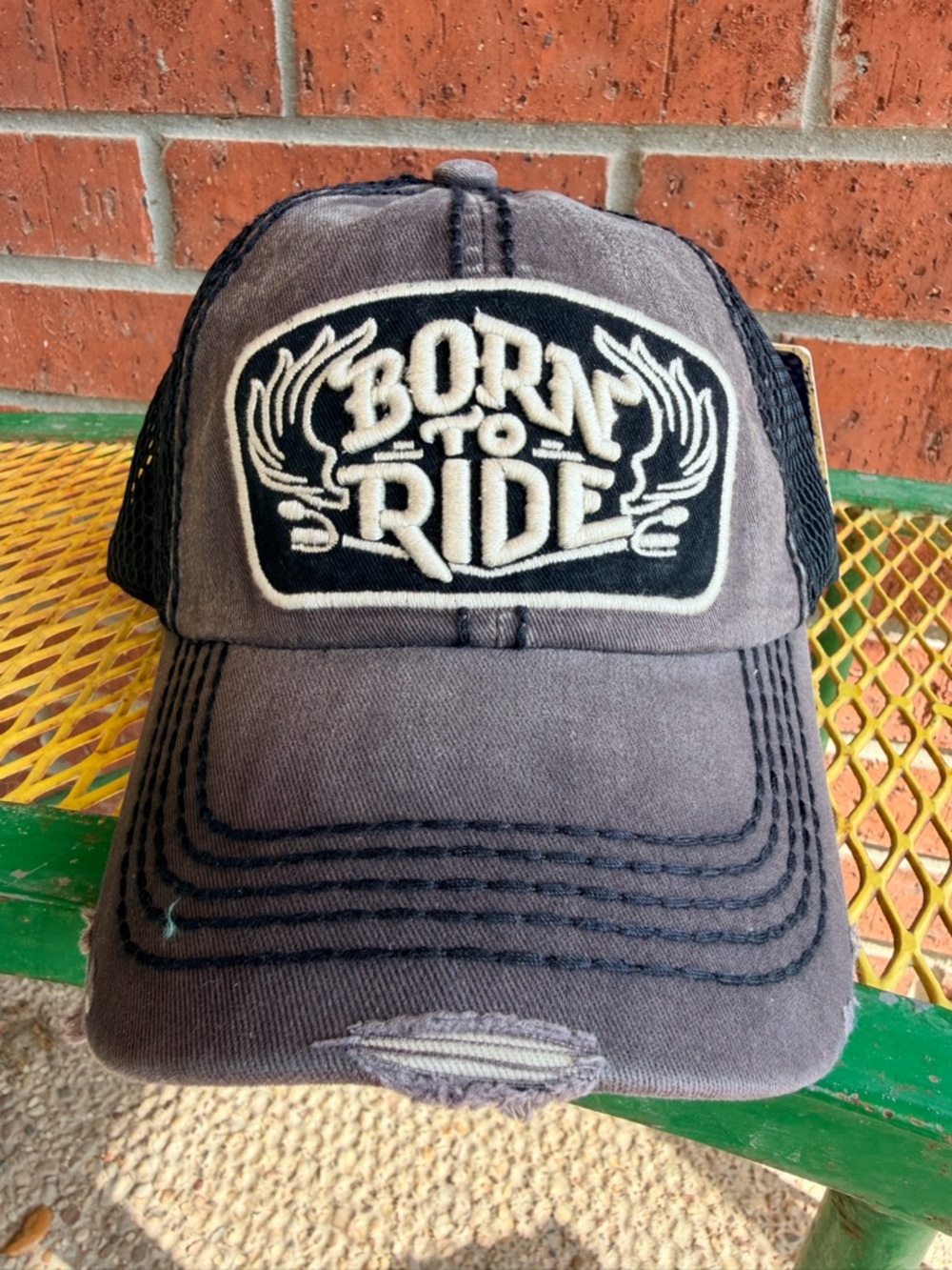 Men’s Born to Ride Distressed Trucker Hat - Gray/Black